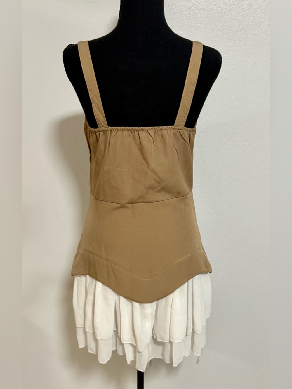 Women’s Beige Corset Mini Dress Zip Front Ruffle Hem Strappy S/M Bodycon - Picture 5 of 5